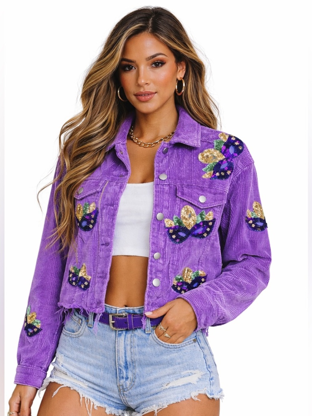 BiBi mardi gras mask embellished Purple corduroy jacket NWT festival glam